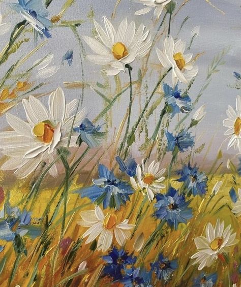 Oil Paint Ideas Easy, Painted Flower Garden, Flower Meadow Painting Acrylic, Painting With Oil Colors, Painting Ideas On A Canvas, Field Flowers Painting, Acrylic Painting Flower Field, Art Prints For Walls Aesthetic, Field Flowers Drawing