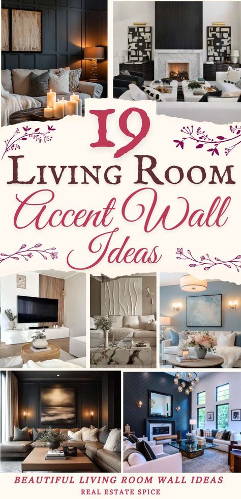 THE ULTIMATE GUIDE: LIVING ROOM ACCENT WALLS THAT WOW! To inspire your wall refresh, I guide you through beautiful accent wall ideas and designs perfect for a living room. You'll find step-by-step instructions to create a similar look for your space or mix and match some of these ideas. Create a beautiful living room wall that you'll LOVE! RealEstateSpice.com Decorating An Accent Wall, Family Room Walls Ideas, Living Room Color Accent Wall, Accent Wall Behind Sectional, Wallpaper On One Wall Living Room, Entertainment Wall Ideas Living Room, Family Room Feature Wall, Feature Walls Living Room, Wall Treatments Living Room