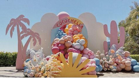 Coachella Balloon Garland, Coachella Birthday Party, Coachella Party Theme, Summer Backdrop, Party Rental Ideas, Balloons Backdrop, Surf Party, Baby Birthday Themes, Candy Cart