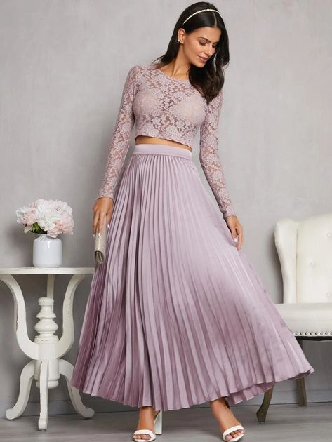 Crop Lace Top and Satin Pleated Skirt Set | SHEIN USA Pleated Skirt With Crop Top, Satin Pleated Skirt, Pleated Skirt Set, Long Pleated Skirt, Pleated Long Skirt, Lace Crop Tops, Shein Style, Two Piece Outfit, Skirt Length