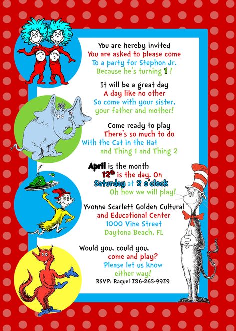 Cat In The Hat Birthday, Doctor Suess Birthday, Dr Seuss Party Ideas, Hat Birthday Party, 3rd Birthday Invitation, Birthday Party Invitation Wording, Dr Seuss Birthday Party, Hat Birthday, Dr. Seuss