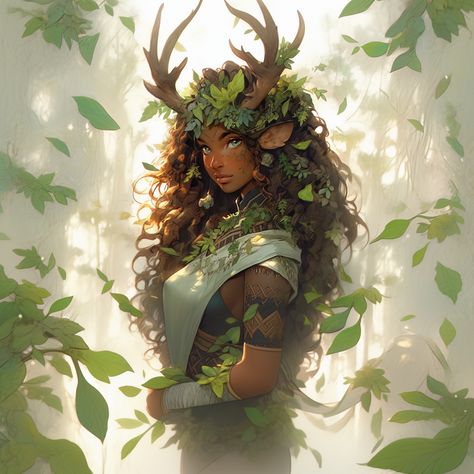 Forest People Art, Dnd Wood Elf Female, Elf With Antlers, Dryad Female, Dryad Character Design, Dryad Oc, Wood Nymph Art, Spring Eladrin Female, Wood Elf Druid Female