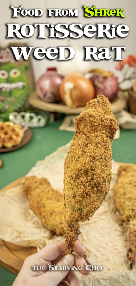 Enjoy a whimsical, Shrek-inspired rotisserie-style chicken, bringing a touch of fairytale magic to your dinner table. Swamp Food Ideas, Classy Shrek Wedding, Shrek Appetizers, Shrek Dinner And A Movie, Swamp Party Food, Shrek Parfait, Shrek Food Ideas Party, Fantasy Themed Party Food, Shrek Cupcakes Ideas