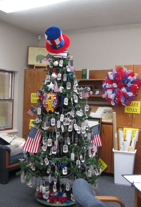 White And Blue Christmas Tree, Christmas Tree Red White, Red White And Blue Christmas, White And Blue Christmas, Office Tree, Patriotic Christmas Tree, Office Trees, Christmas Tree Red, American Legion