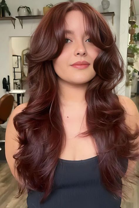 Burgundy Long Layered Wavy Hair Red Hair With Bangs And Layers, Brown Hair With Face Framing, Curtain Bangs With Wavy Hair, Face Framing Layers Wavy Hair, Bangs With Wavy Hair, Smaller Forehead, Hair With Lots Of Volume, Layered Wavy Hair, Wavy Hair Ideas