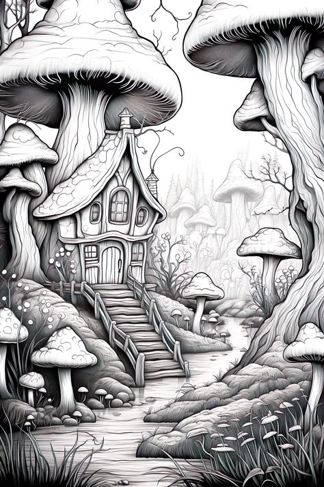 300+ Things To Draw When Bored - Proactive Creative - Guides for Visual Artists Fairy House Painting Ideas, Garden Nome Drawings, Fairy Landscape Drawing, Mushroom Houses Drawings, Enchanted Forest Drawing, Fairy House Drawing, Things To Draw When Bored, Landscape Drawing Tutorial, Mushrooms Forest