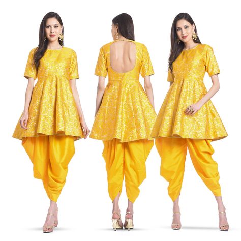 RAUNIKA'S COUTURE YELLOW KURTA & DHOTI SET Dhoti Style Dresses, Patiyala Dress, Yellow Kurta, Mehendi Outfits, Designer Kurti Patterns, Indian Gowns Dresses, Kurti Designs Party Wear, Designer Party Wear Dresses, Designer Dresses Casual