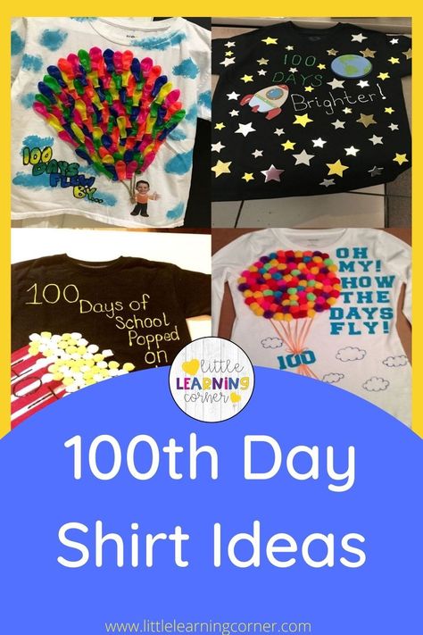 100 Days of School shirt ideas for kindergarten, first grade, and second grade. #100thdayofschool #100days 100 Day Hats Kindergarten, 120th Day Of School First Grade Shirt, 100 Items On A Shirt 100th Day, School Shirt Ideas, 100 Day Shirt Ideas, 100days Of School Shirt, Hand Printed Shirt, 100th Day Of School Crafts, Homemade Shirts