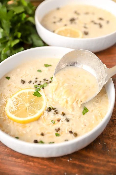 Creamy Chicken Lemon Orzo Soup, Creamy Lemon Orzo Soup, Lemon Chickpea Orzo Soup, Creamy Orzo Soup, Lemon Pepper Chicken Soup, Greek Lemon Chicken Orzo Soup, Lemon Chicken Orzo Soup Crockpot, Lemon Soup Greek, Greek Lemon Orzo Soup