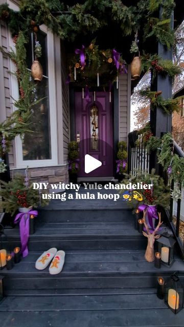 Mandy ✨ on Instagram: "🎀🌲Save this to make your own chandelier! I absolutely love how it brings visual interest and layering to my porch, plus it has beautiful Yule symbolism:

🍊Dried orange slices: good luck, fortune, sunshine 

✨Cinnamon sticks: wealth, prosperity, passion

🌲Pine cones: rebirth of the sun and winter solstice and the promise of spring 

Supplies:

• Hula hoop - I used one that is adjustable to different sizes, which I highly recommend because then you can customize it to the space you have 

• 2 x 7ft artificial pre-lit garland 

• Black zip ties 

• Black chain (15ft)

• Ribbon & natural ornaments 

• Hook to hang 

• Floating candles

What do you think? 🎀" Hula Hoop Chandelier Diy, Chandelier Wreath Christmas, Make Your Own Chandelier, Chandelier Wreath, Hula Hoop Chandelier, Witchy Garden, Pagan Yule, Christmas Entry, Natural Ornaments