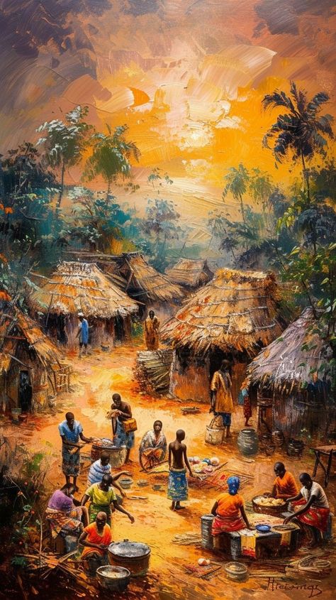 Village Culture Painting, Abstract Village Painting, African Village Art, African Village Painting, Africa Art Painting, Village Life Painting, Village Scene Painting, Cultural Paintings, Village Hut