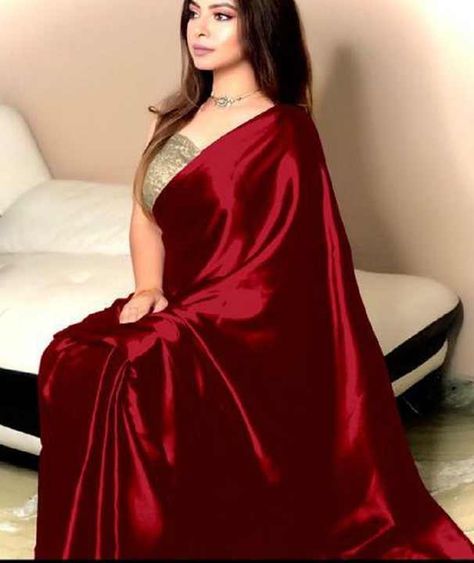 Satin Saree Party Wear, Plain Satin Saree, Saree Satin, Bollywood Sarees, Satin Silk Saree, Modern Saree, Saree Poses, Saree For Women, Silk Saree Blouse Designs