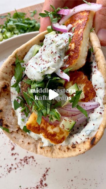 Arash Hashemi on Instagram: "@Shredhappens Middle eastern wraps  . If you love delicious flavor packed protein, these kaftas are IT! And pair so perfectly with the halloumi, yogurt sauce, and accompaniments here.  To keep this lowcarb, I used a lowcarb pita as the base, but you can use any kind of pita or lavash. Then topped it with a cucumber dill yogurt dip, added the koftas, added grilled halloumi cheese - my favorite - and topped it off with some red onion, parsley, cucumber, & a dusting of sumac. . Here is how I made it: . 1.First, the kaftas.Grab a food processor, pulse together 1/3 red onion, 4-6 cloves garlic, 1/3 cup pistachios, and a large handful fresh parsley. Pulse well. Then add 2lbs ground beef (or mixture of beef/lamb) to a bowl. Top it with the processed marinate. Add a co Yogurt Spread, Cucumber Sauce, Red Onion Recipes, Cucumber Yogurt, Sweet Paprika, Free Keto Meal Plan, Grilled Halloumi, Keto Success, High Protein Low Carb Recipes