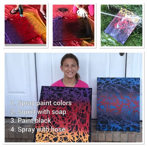 Resistance painting. 1. Spray paint colors, let dry. 2. Squirt dish soap. 3. Spay paint top coat, let dry.4. Spray with water hose. 5. Wipe clean and dry Resistance Painting, Dawn Powerwash, Spray Paint Colors, Celebrate Good Times, Water Hose, Spray Paint, Top Coat, Dish Soap, Paint Colors