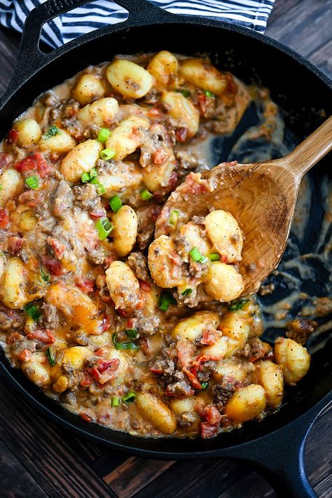 Cheeseburger Gnocchi - Life In The Lofthouse Cheeseburger Gnocchi, Life In The Lofthouse, Seasoned Ground Beef, Gnocchi Recipe, Potato Dumplings, Green Chiles, Gnocchi Recipes, Cooking For Two, Delicious Dinner Recipes