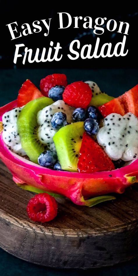 Delicious dragon fruit salad recipe bursting with fresh fruit flavor served in a fun fruit bowl perfect for brunch! Dragon Fruit Jam Recipe, Dragon Fruit Salad, Roasted Fruit, Dragonfruit Recipes, Easy Breakfast Dishes, Papaya Recipes, Best Easy Recipes, Easy Fruit Salad Recipes, Fruit Board