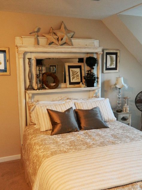 Guest bed headboard using white antique fireplace mantel from Dad's birth home.  Has been repainted white, and antiqued to show age. Old Window Headboard, Fireplace Headboard, Mantle Headboard, Mantel Headboard, Window Headboard, Earth Style, Cozy Bedrooms, Bedroom Frames, Headboard Ideas