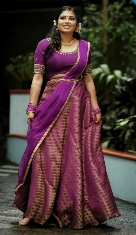 Langa Davani Designs, Half Saree Draping, Latest Half Saree Designs, Pattu Half Saree Designs, Half Saree Blouse Designs, Pattu Half Saree, Saree Designs Latest, Cotton Dress Summer Casual, Full Skirt And Top