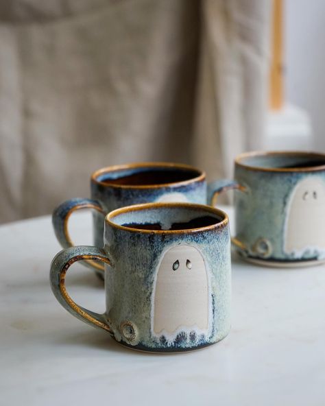 Halloween mug, ghost, cute ghost with blue mottles background Ghost Mugs, Tea Light Holders, What Is Christmas, Halloween Mug, Happy Thursday, Halloween Ghost, Christmas Designs, Cute Ghost, Tea Light Holder