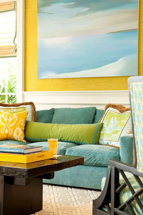 Great color palette really taking advantage of yellow hues Living Room With Yellow Walls, Room With Yellow Walls, Analogous Color Scheme, Bright Furniture, Yellow Living Room, Coastal Living Rooms, Yellow Walls, Cool Stuff, Coastal Living