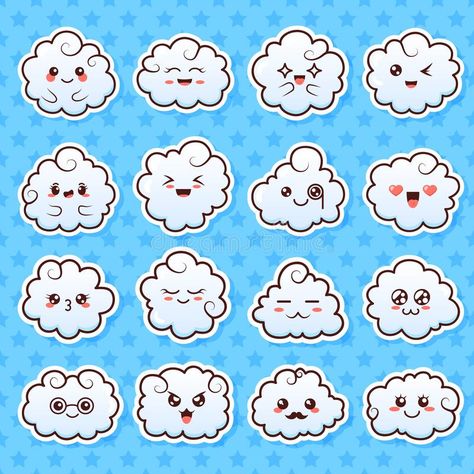 Collection of cute lovely kawaii clouds. Doodle cartoon clouds with faces in manga style. Cute emoticon emoji hand drawn. Characters. Emotion smile vector vector illustration Clouds With Faces, Clouds Doodle, Cloud Emoji, Kawaii Clouds, Kawaii Cloud, Cloud Stickers, Logo Cloud, Laughing Emoji, Kawaii Faces