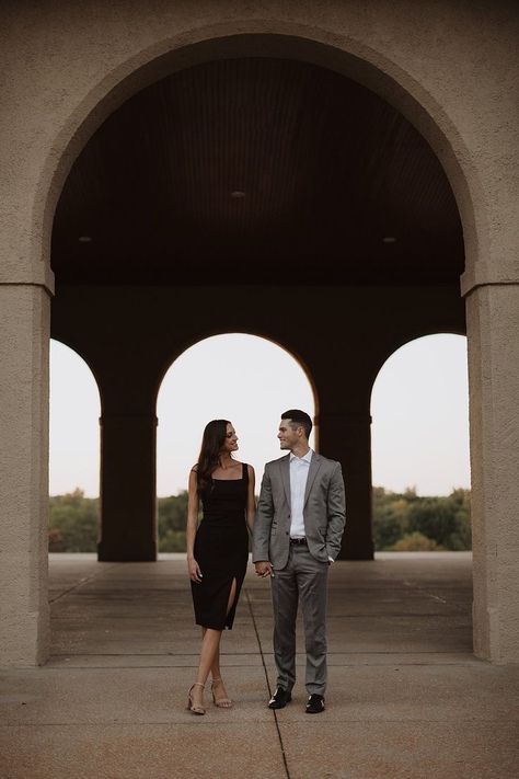 Classic Engagement Photos Outfits, Engagement Photos Outfits Black Dress, Black And White Outfit Engagement Photos, Engagement Shoot Aesthetic, Dressy Engagement Pictures, Engagement Shoot City, Prewedding Cafe, City Engagement Photos Outfit, Fancy Engagement Photos