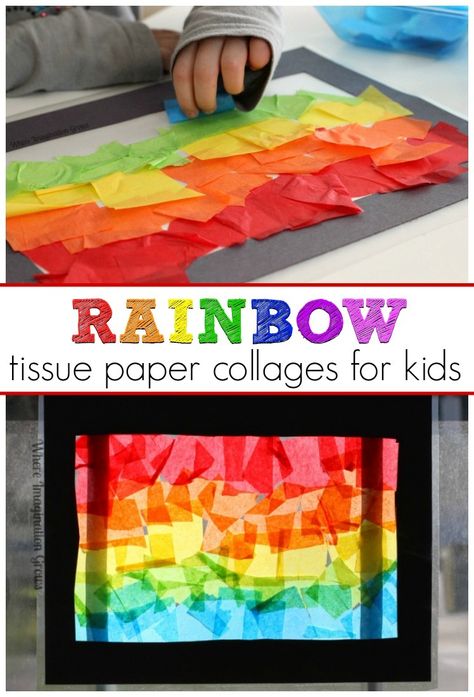 Tissue paper rainbow collages for kids! Bright colored stained glass rainbow collages for spring. An easy preschool craft that even toddlers can do! Fits well in spring or rainbow-themed lesson plans for preschool, daycare, or homeschool. Art that also teaches color recognition and color mixing while strengthening fine motor skills! #craftsforkids #kidscrafts #preschool #springcrafts #rainbowcrafts Stained Glass Rainbow, Easy Preschool Crafts, Spring Rainbow, Rainbow Craft, Paper Rainbow, Rainbow Activities, Spring Art Projects, Tissue Paper Crafts, Preschool Craft