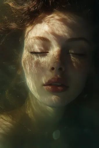 ↑↑↑ Larger size on website 🔸 The image shows a close-up of a woman's face submerged in water. Her eyes are closed and her lips ar Face Submerged In Water Photography, Face Reflected In Water, Face Submerged In Water, Face In Water, Freckled Face, Submerged In Water, Underwater Portrait, Underwater Images, Dynamic Lighting