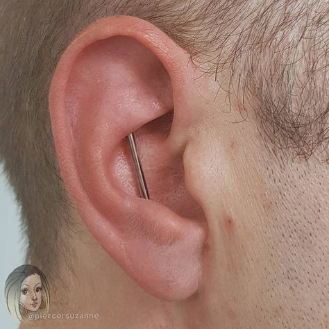 Vertical Conch Piercing, Conch Industrial Piercing, Industrial Piercing Vertical, Piercings Men Ear, Industrial Piercing Men, Vertical Industrial Piercing, Eat Tattoo, Vertical Industrial, Love Piercings