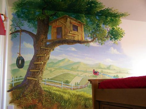 Tree House Theme Playroom | Kid’s Treehouse MuralPainted murals and mural painting by Billy ... Modern Tree House, Kids Room Murals, Cool Tree Houses, Tree Mural, School Murals, Murals For Kids, Haus Am See, Bedroom Murals, Wall Murals Painted