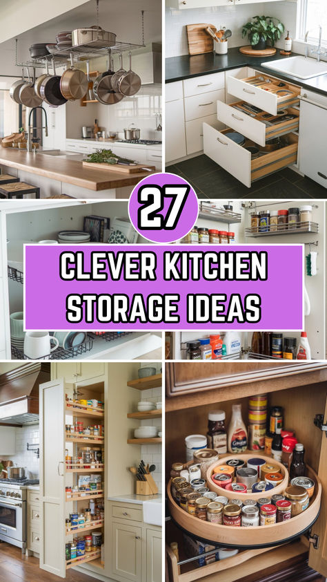 Discover 27 clever kitchen storage ideas to help you organize your space with style. From hidden shelves to smart cabinet hacks, these tips are perfect for maximizing every inch of your kitchen! Storage Ideas For Big Items, Storage Ideas For Cabinets, Kitchen Cabinet Alternatives Diy, Storage Ideas For Kitchen Appliances, Kitchen Organization Ideas Cabinets Organizing Storage Solutions, Kitchen Countertop Storage Ideas, Onion Storage In Kitchen, How To Organize Kitchen, Creative Kitchen Storage Ideas