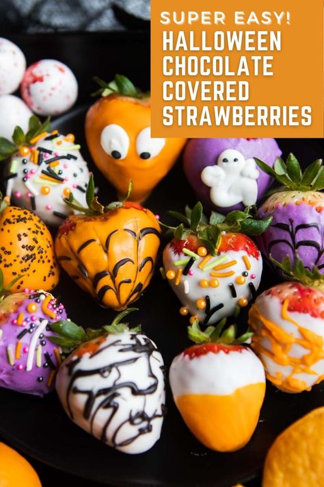 Colored Chocolate Covered Strawberries, Halloween Strawberries, Halloween Chocolate Covered Strawberries, Colored Chocolate, Halloween Cake Pops, Edible Decorations, Halloween Sprinkles, Fun Halloween Food, Halloween Appetizers