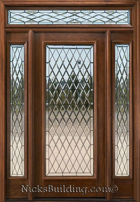 Exterior Doors With Sidelights, Mahogany Exterior Doors, Glass Entrance Doors, Mahogany Entry Doors, Rustic Doors Interior, Entry Door With Sidelights, Beveled Glass Doors, Window Glass Design, Exterior Entry Doors