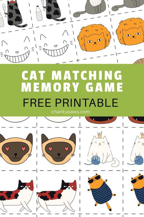 Shelter can use this adorable cat matching memory game at a shelter event as a fun activity or busy moms can use it for some much needed down time! Cat Bingo Free Printable, Cat Activity For Kids, Cat Bday, Cat Games, Easter Templates, Cat Activity, School Printables, Kitty Games, Memory Game