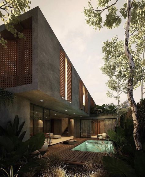 Interior Ideas on Twitter: "… " Concrete Exterior, Jungle House, Casa Exterior, Concrete House, Lighting Design Interior, Luxury House Designs, Interior Garden, Facade Design, Villa Design