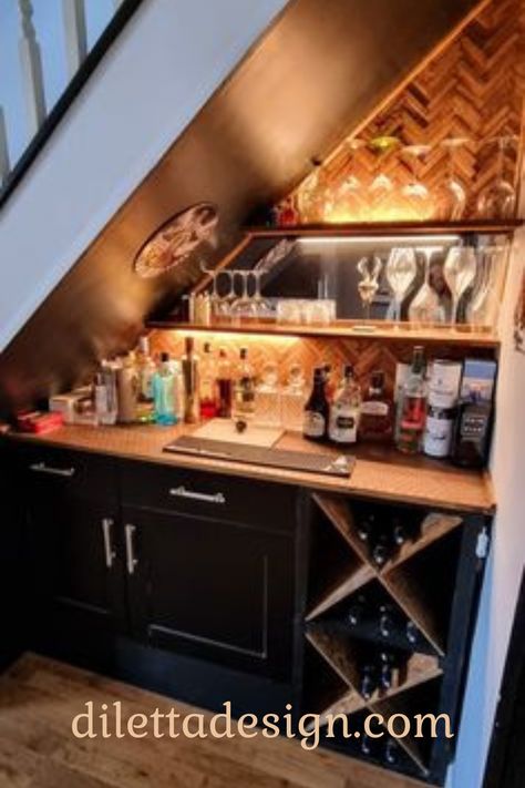 Under Stairs Drinks Cabinet, Under Stairs Bar, Bar Under Stairs, Under Stairs Ideas, Kitchen Under Stairs, Pantry Lighting, Kitchen Bars, Basement Redo, Stairs Ideas