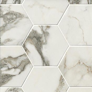 Marble-Look Tile | The Tile Shop Hexagon Floor Bathroom, Marble Hexagon Tile Bathroom, Hex Tiles Bathroom, Taupe Flooring, Hexagon Tile Bathroom, Hexagon Floor, Hex Tile, Resin Stone, Patterned Floor Tiles