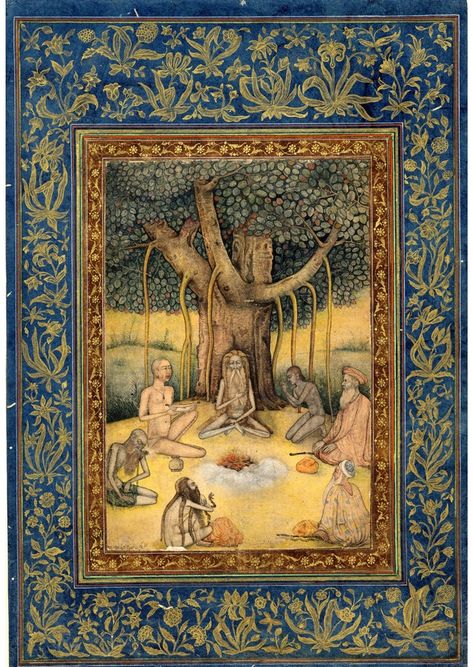 Yogis under a banyan tree, Mughal, 1630 Mughal Paintings Woman, Bodhi Tree Art, Sadhu Baba, Yoga History, Indian Miniature Paintings, Yoga India, Shah Jahan, Indian Miniature, Yoga Illustration