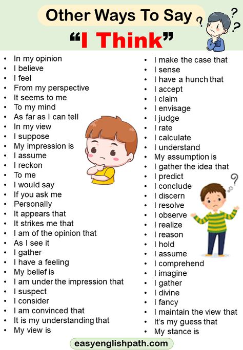 50 Different Ways to Say “I Think” In English. Other Ways to Say I Think in englihs What To Say Instead Of How Are You, Ways To Say I Think, Other Ways To Say, Words To Use, How To Say, I Can Tell, My Opinions, Very Excited, Vocabulary Words