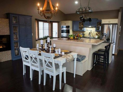 . Eat In Kitchen Dining Room Combo, Kitchen Island With Banquette Seating, Entry Into Kitchen, Kitchen Dining Room Combo Layout, Kitchen Island Table Combo, Small Kitchen Dining Room Combo, Removing Wall, Small Kitchen Makeovers, Kitchen Dining Room Combo