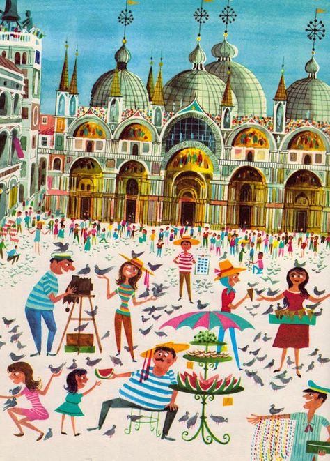 This Is Miroslav Sasek -  Czech illustrator Miroslav Sasek‘s set of reissued children’s travel books Mid Century Illustration, Animal Illustrations, Travel Illustration, Retro Illustration, Vintage Children's Books, People Standing, Modern Graphic Design, Mail Art, Childrens Illustrations