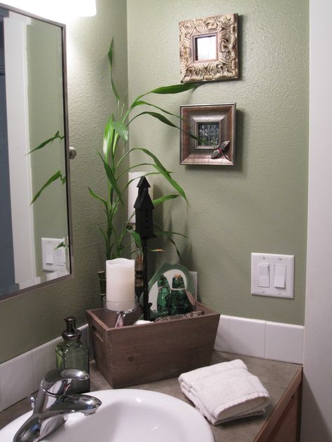 Spa-like feel in the guest bathroom. The fresh green color makes the narrow dark room feel larger. Olive Green Bathrooms, Green Bathroom Colors, Green Bathroom Paint, Bathroom Wall Colors, Best Bathroom Colors, Dark Green Bathrooms, Green Bathroom Decor, Bathroom Color Schemes, Spa Like Bathroom