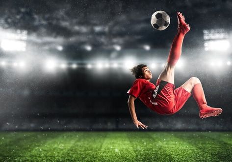 Soccer striker in red uniform hits the b... | Premium Photo #Freepik #photo #kick-ball #football-kick #football-soccer-futbol #soccer-football-futebol Red Uniform, Football Background, Event Poster Template, Penalty Kick, Football Or Soccer, Football Tournament, Football Ball, Silhouette Illustration, Soccer League