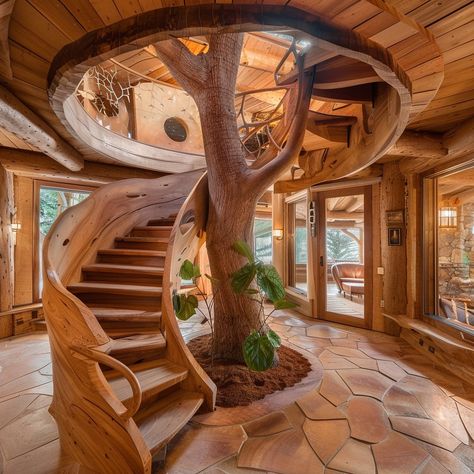 Step into a world of enchantment with our indoor spiral staircase, where each step winds around a living tree trunk. Crafted from rustic timber, this staircase brings the whimsy of a treehouse into your home, perfect for connecting levels or adding a touch of magic to any space. Conceptual AI Art Follow @ecosapiens for more! Live Edge Stairs, Log Cabin Mansions, Cabin Mansion, Wood Staircase, Stair Case, Wood Stairs, Walk On Water, Interior Stairs, Log Home