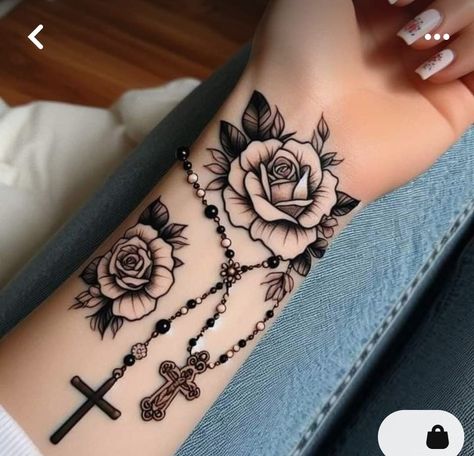 Rose On Wrist Tattoo, Mexican Inspired Tattoos For Women, Rosary Tattoo, Rose Tattoos For Women, Cool Wrist Tattoos, Hand And Finger Tattoos, Cute Hand Tattoos, Beautiful Tattoos For Women, Pretty Hand Tattoos