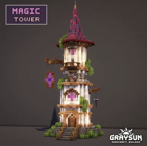 Potion Tower Minecraft, Look Out Tower Minecraft, Minecraft Witch Tower Ideas, Minecraft Tall Tower, Tower Minecraft House, Magical Tower Minecraft, Cherry Tower Minecraft, Wizard Minecraft House, Wizard Tower Minecraft Easy