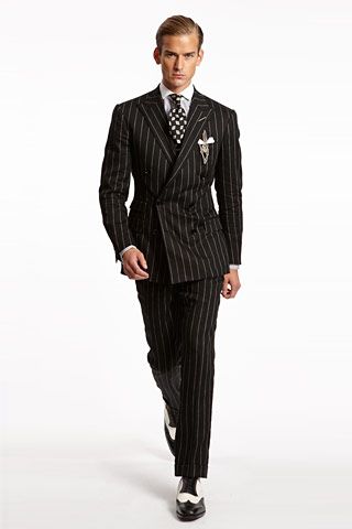 #PinstripeSwagg #RalphLauren Black Double Breasted Suit, White Collar Dress, Spectator Shoes, Black Pinstripe Suit, Modern Mens Fashion, Men's Formal Style, Mens Attire, Black Dress Shoes, Beautiful Suit