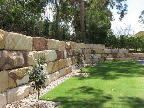 Boulder Retaining Wall, Landscaping Blocks, Rock Retaining Wall, Stone Walls Garden, Retaining Wall Blocks, Sandstone Wall, Stone Retaining Wall, Landscaping Retaining Walls, Sloped Garden