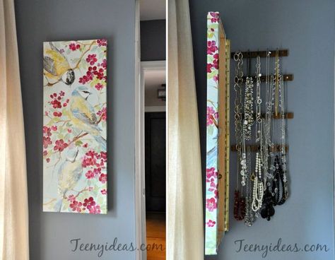 Hide your jewelry storage behind a piece of beautiful canvas wall art and it doesn't have to be organized all the time. Love this simple DIY jewelry storage idea for small space storage needs.  #jewelrystorage #DIYjewelrystorage #jewelrystorageideas #DIYstorage #DIYstorageideas #storageideas #smallspacestorage Jewelry Storage Wall, Hidden Jewelry Storage, Jewelry Organizer Diy Wall, Jewelry Storage Diy, Vintage Jewelry Diy, Diy Organizer, Appartment Decor, Diy Jewelry To Sell, Clean Gold Jewelry