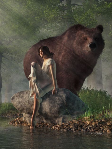 Daniel Eskridge | Bear Dream Forest Pond, Bear Spirit Animal, Bear Shifter, Fantasy Story Ideas, White Nightgown, Spiritual Animal, Bear Paintings, Native American Pictures, Bear Drawing